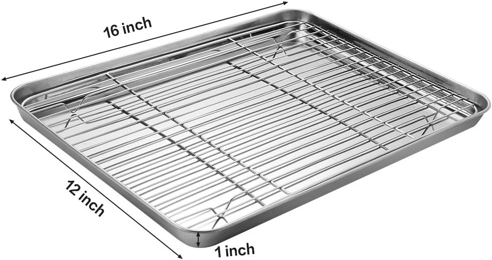Skiennix Stainless Steel Baking Sheet Set - Cookie Pan with Cooling Rack & Silicone Mats | 16 x 12 Inch, Easy Clean