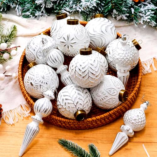 HyDren Silver Vintage Finial Christmas Ornaments, 16 Pcs Shatterproof Ball Set (12 Round 3.15in + 4 Pendant 6.3in)