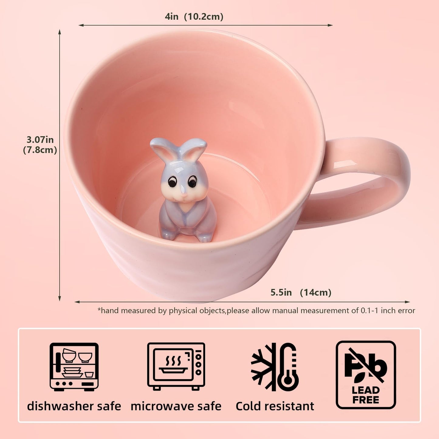 Ceramic Mug with 3D Animal Inside, Cartoon Handmade Figurine Mugs, Cute Coffee Mug With Interesting Design, Holiday and Birthday Gift for Coffee and Milk Tea Lovers (Rabbit)