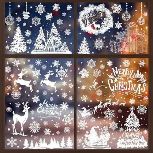 Amiya 216PCS Snowflake Christmas Window Clings White Xmas Window Stickers Santa Claus Reindeer Reusable Double Sided Holiday Window Decorations for Party Supplies