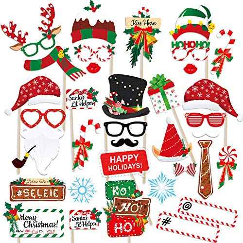 Christmas Photo Booth Props 36Pcs (Upgraded Version) - Party Supplies for July and Merry Celebrations, Red and Green Pose Sign Decorations for Kids and Adults