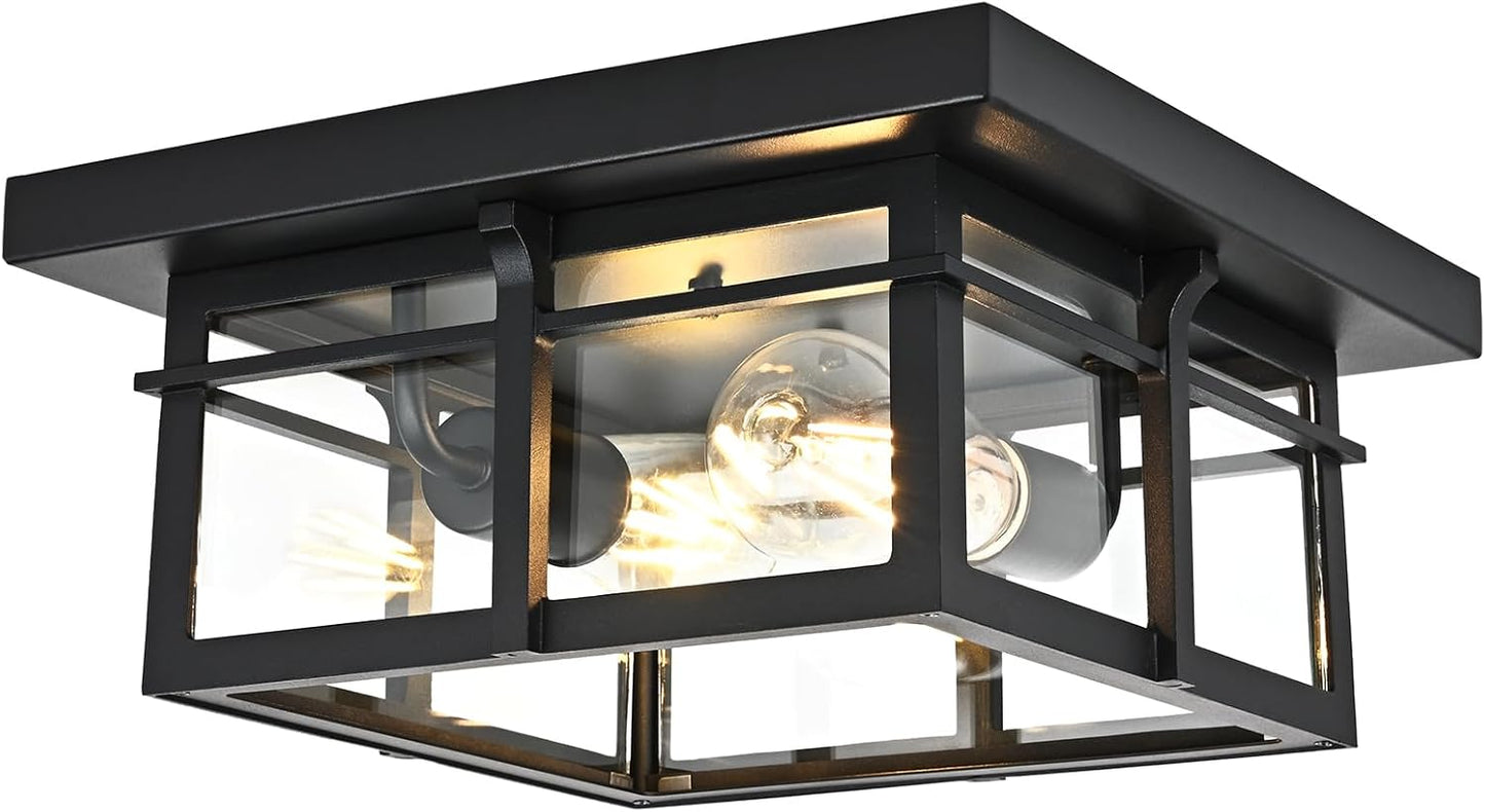 Farmhouse Ceiling Light Fixture Black 2-Light with Clear Glass, Square Flush Mount Ceiling Light for Hallway Kitchen Bedroom Porch