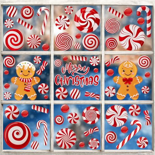 AUGSUN 9 Sheets Christmas Window Clings, Candy Cane Decorations Indoor, Xmas Red Peppermint Wall Stickers Decal for Home Party Decor Supplies