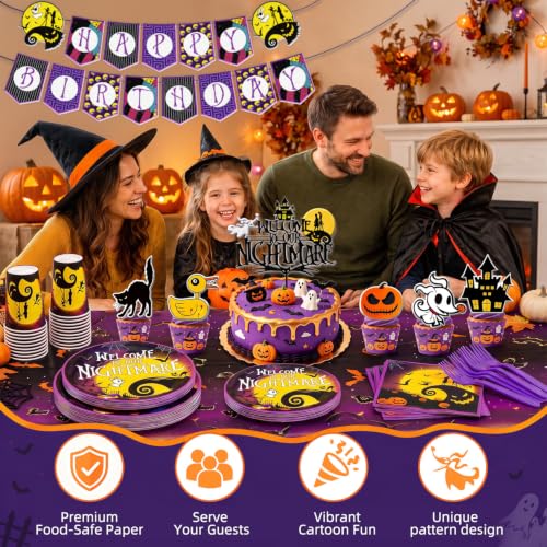 Halloween Party Decorations Kit 129-Piece Purple & Black Set with Dinnerware & Balloons