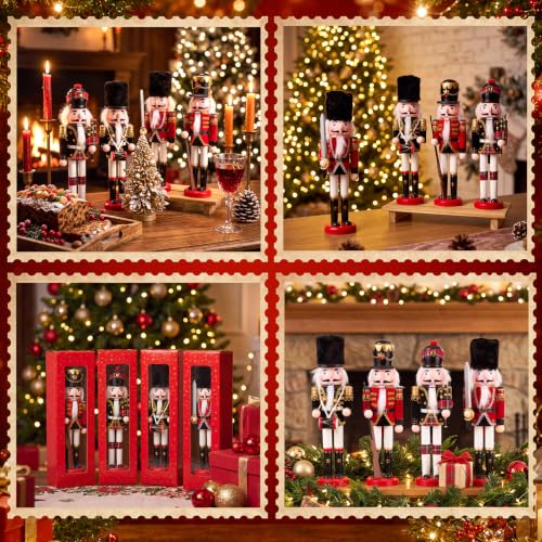 Huwena 4 Pack 12-Inch Red & Black Nutcracker Figurines - Christmas Decor