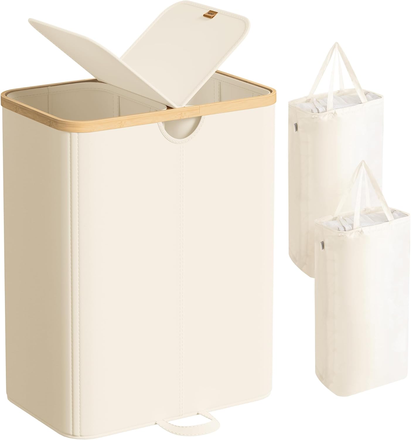 SONGMICS Laundry Hamper - 39 Gal. Dual Compartment Basket with Removable Liner - Cream White & Light Bamboo