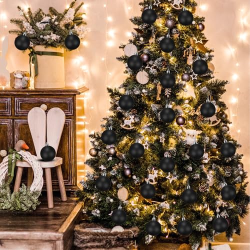 Wettarn 50 Pcs Black Christmas Ball Ornaments 2.36 Inch with Lid & Rope