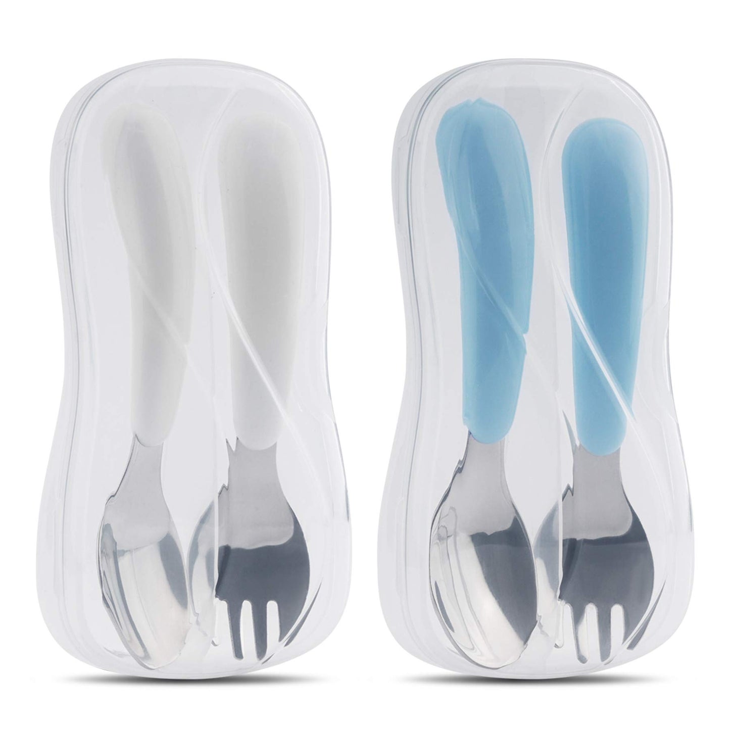 Kirecoo 2 Set Toddler Utensils, Toddler Forks and Spoons, Stainless Steel kids Silverware Set, Designed for Self Feeding Flatware Utensils with Travel Carrying Cases BPA Free (White & Aqua)