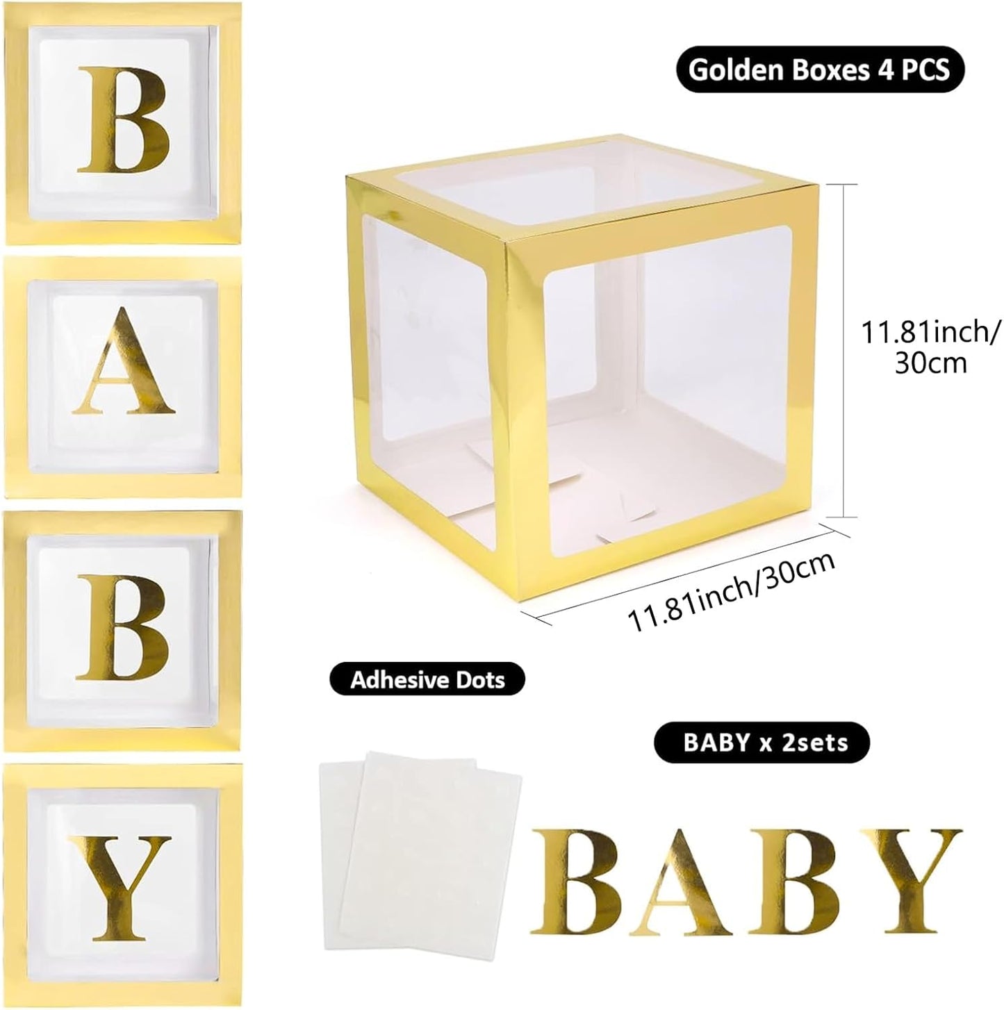 Voircoloria Baby Boxes - 4 Transparent Balloon Boxes with Letters for Baby Shower & Gender Reveal (Gold)