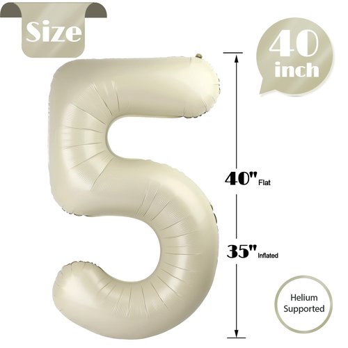 Cream 5 Balloon, Number Balloons 40 Inch, 5th Birthday Balloons Decorations, Cream Party Supplies, 5 Number Balloons, Number 5 Balloon