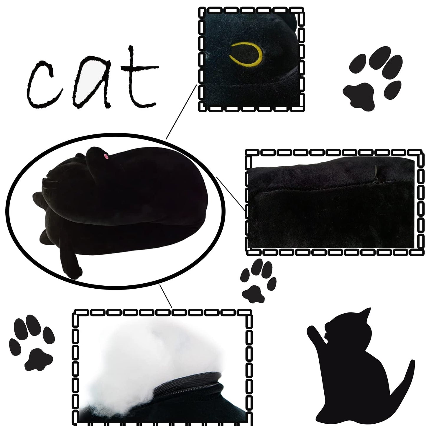 Handytoolinc Soft Black Cat Pillow Plush Long Stuffed Animals Sleeping Cotton Kitten Cute Long Body Pillow Gift for Kids Girlfriend (43.5inch/110cm,Black)