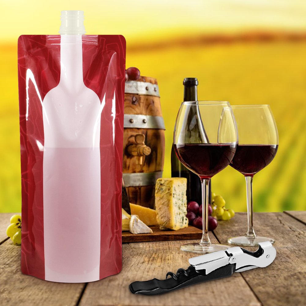 SENAI 4-Pack Foldable Flask Holder, Reusable 750ml Plastic Pouch, Portable Leak-Proof, Perfect for Liquor, Travel, Gift - Red