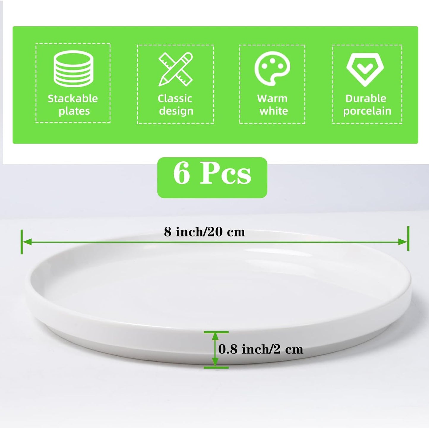 Regine Switzerland White Dinner Plates Set of 6 - 8 Inch Porcelain Dessert Plates | Microwave & Dishwasher Safe
