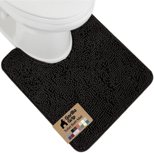 GORILLA GRIP Plush Chenille Bath Rug Mat - Soft, Absorbent, Machine Washable for Oval Toilet Base | Black