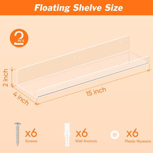 Dooiclear Floating Wall Shelves - 15" Clear Acrylic Book Display Shelf | Versatile Organizer for Any Room