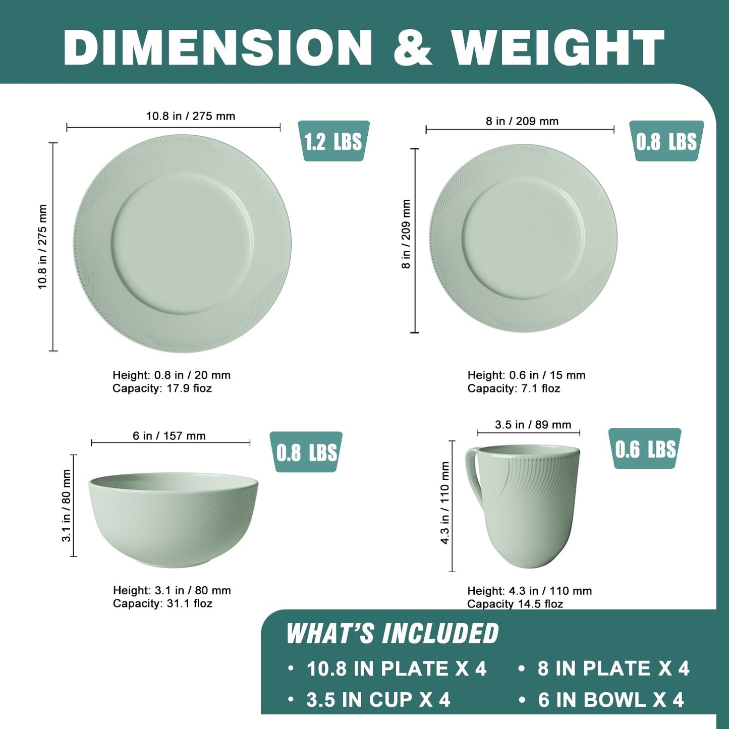 Yoshy 12-Piece White Bone China Dinnerware with Lightweight Durable Chip Resistant Design Service for 4 (16 Piece - Service for 4, Willowmist)