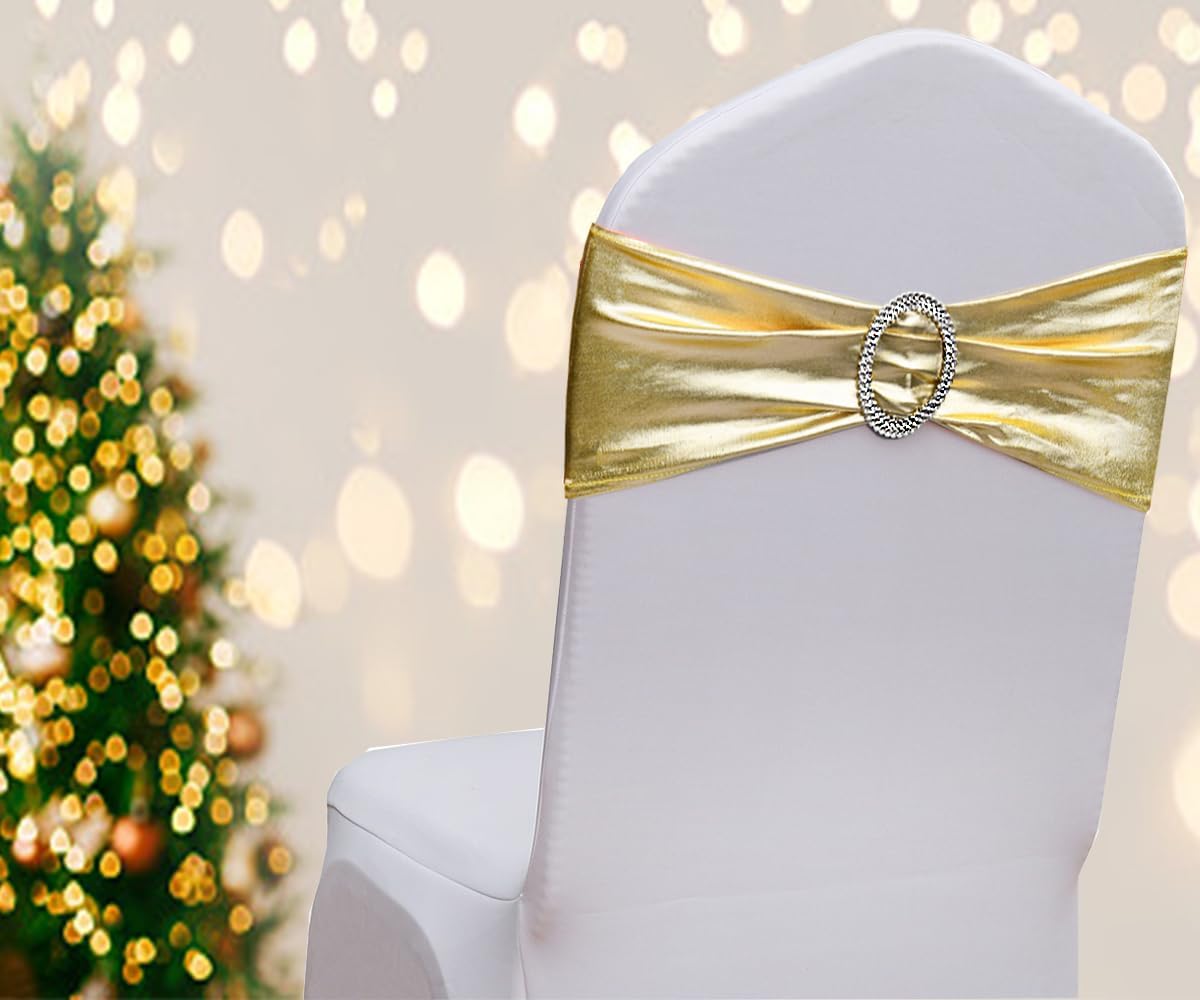 Spandex Gold Chair Sashes - 50 Pack Stretch Bands with Buckles for Wedding & Event Decor - Metal Gold