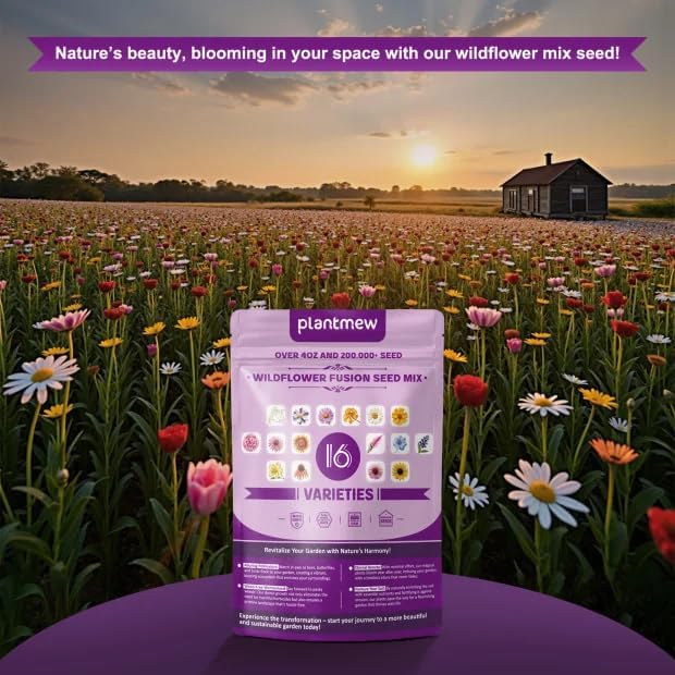 Wildflower Seeds - 200,000+ Non-GMO Heirloom Seeds | 16 Variety Perennial Mix for Pollinator Gardens | Attracts Bees, Birds & Butterflies | 4oz