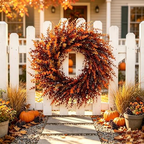 26in Fall Orange Eucalyptus Wreath - Artificial Autumn Decor, Large