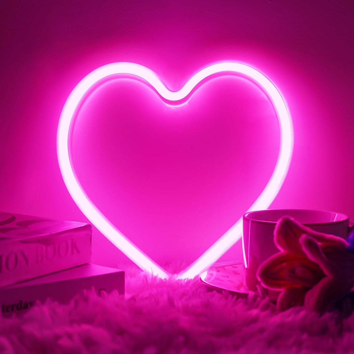 Pink Heart Neon Sign, Battery Operated or USB Powered LED Heart Lights for Valentines Day Decoration, Valentines Gifts for Wife Wedding Proposal Anniversary Mother's Day Girls’ Room Table Wall Decor
