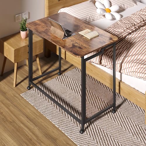 31.5-Inch Small Folding Mobile Computer Desk with Wheels - Rustic Brown & Black
