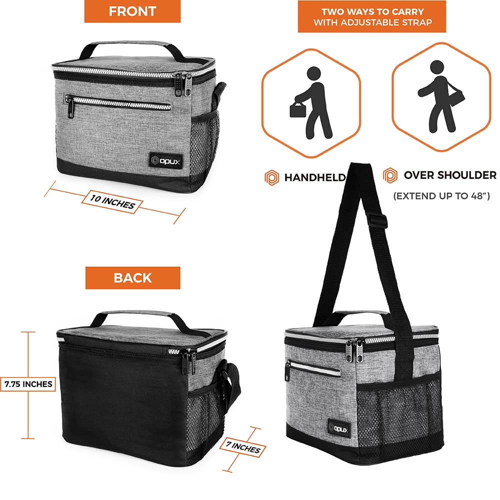 opux Insulated Lunch Box Men Women, Lunch Bag for Work School, Leakproof Soft Cooler Tote Adult, Large Lunch Pail Kids Boys Girls, Picnic Beach Food Bag with Shoulder Strap, Heather Grey