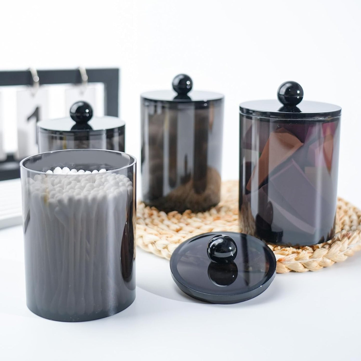 XIPENGKEJI Qtip Holder Set - 4 Pack Apothecary Jars with Lids for Cotton Swabs & Pads | 10oz-12oz Black