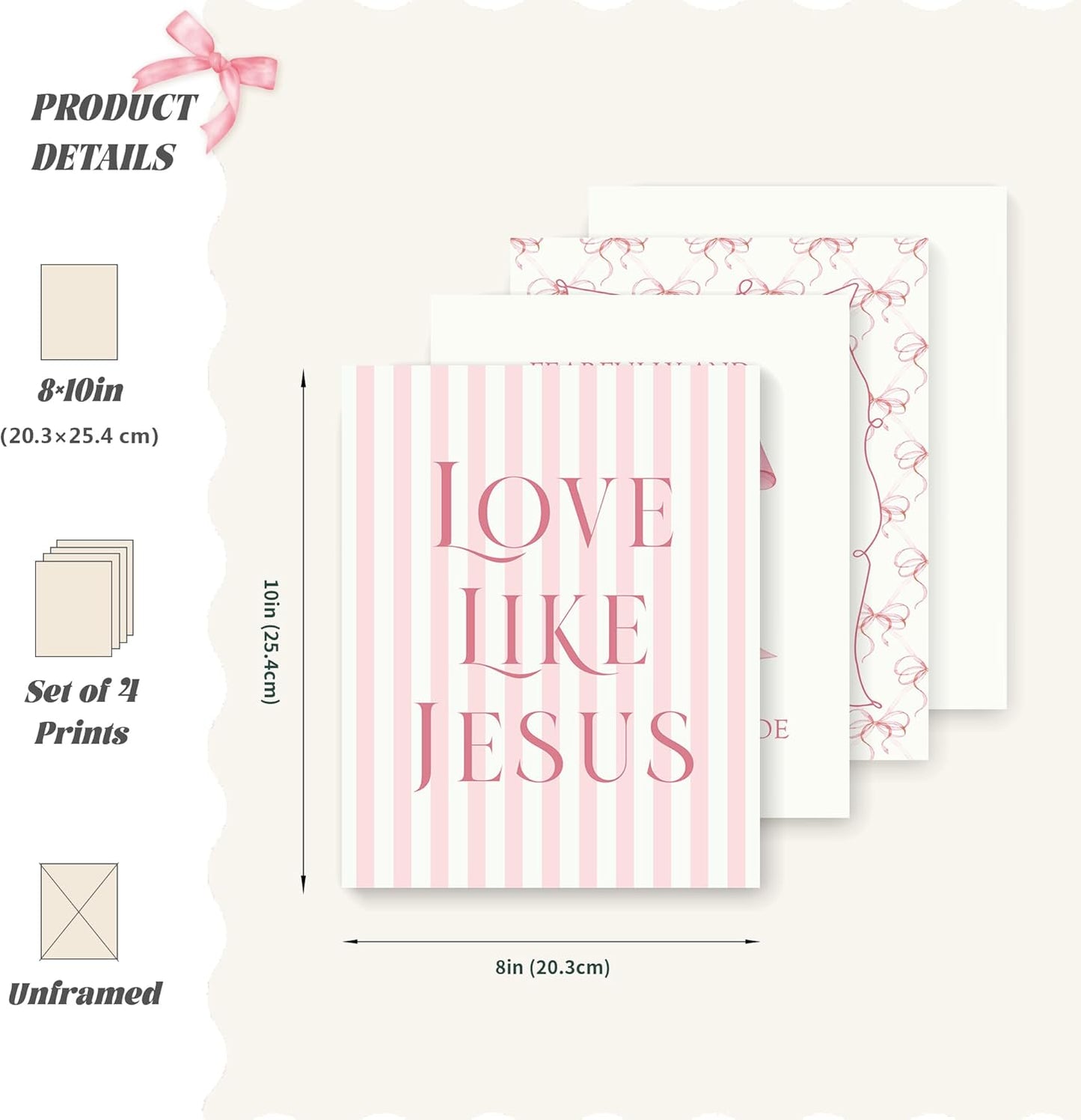 LARTSFRO Coquette Pink Bow Wall Art Decor - Inspirational Christian Posters for Bedroom | Set of 4 Unframed 10x8 Inch