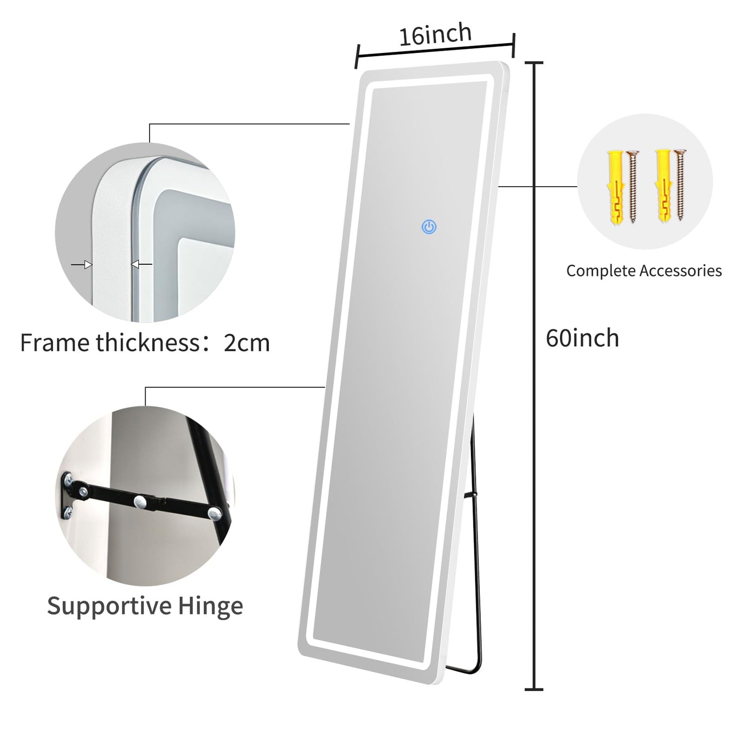 WISSMIELS Full Length Mirror with LED Lights, LED Mirrors Full Length Floor Mirror Full Body Mirror for Bedroom Wall Mounted Free Standing (Rectangle, 48" L×16" W)