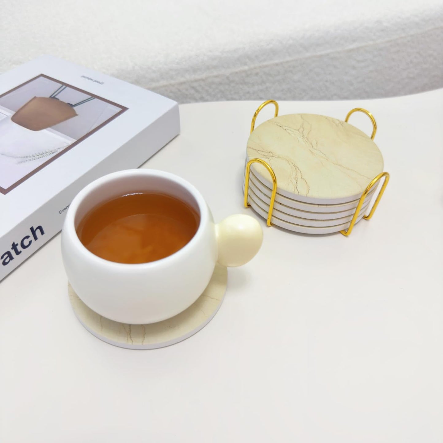 TSOUFAC 6Pcs Drink Coasters with Holder, Marble Style Ceramic Drink Coaster, Absorbent Coasters Set Suitable for Kinds of Cups, Modern Style Coasters for Coffee Table, 4 Inches