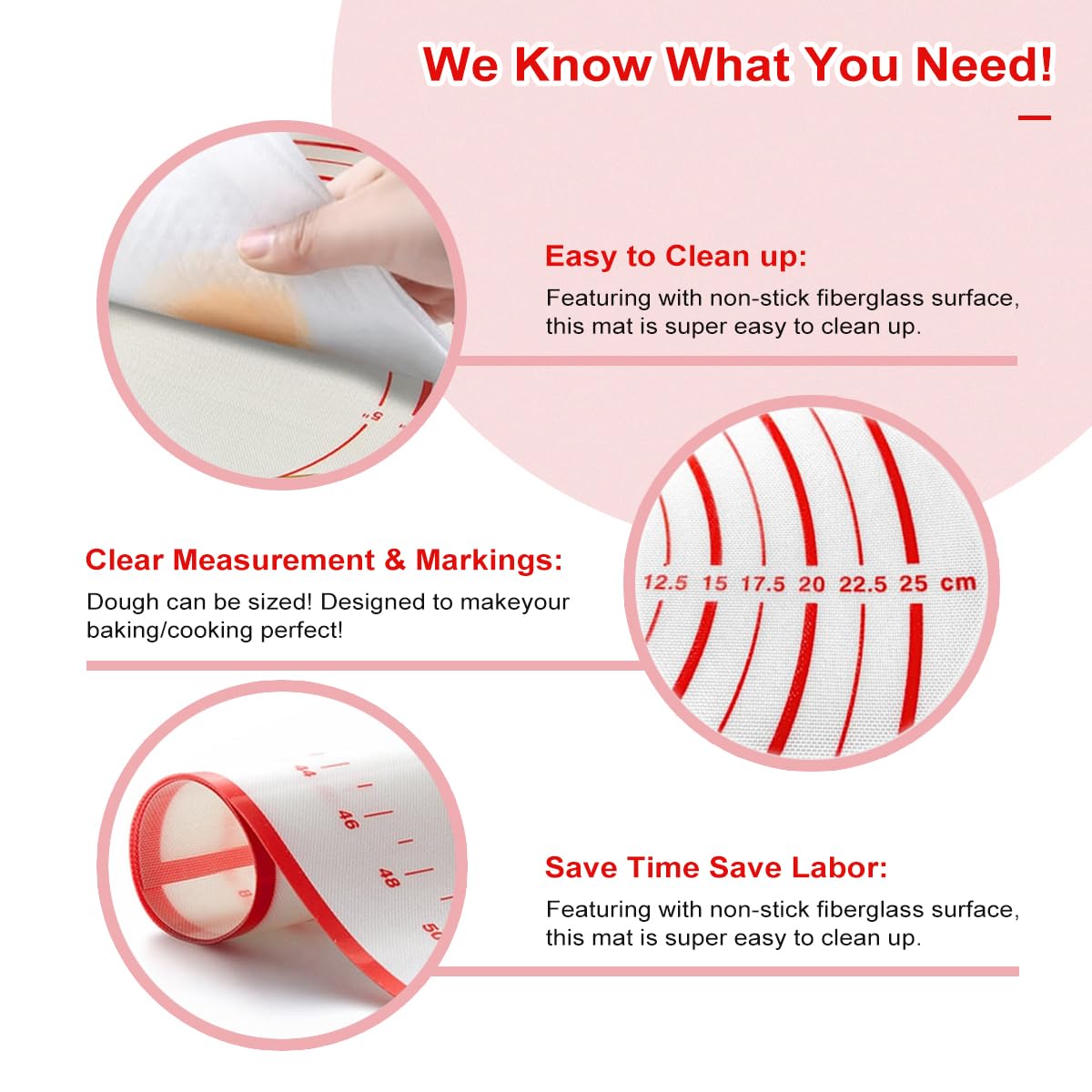 Silicone Baking Mat, 3pcs Non-Stick Pastry Rolling Mat with Measurement, Contains Three Sizes, 20 ×28“, 16 × 24" and 10.3 × 11.4", Food Safe Oven Baking Mats for Counter, Placemat, Cake, Pizza (Red)