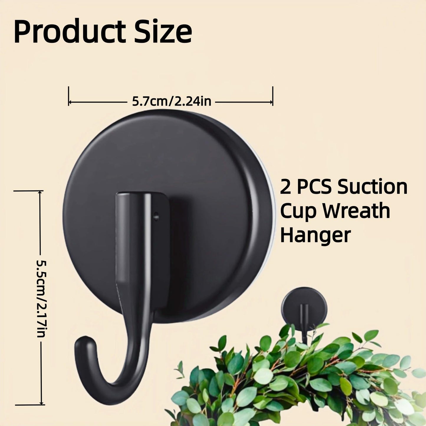 YVYAVGE Wreath Hanger Suction Hooks, 2 Pack Black Suction Cups for Glass Metal Tile, Clear Wall Hooks for Towels Wreaths Bathrobes Loofahs, Removable Hooks for Bathroom Kitchen Holiday Organization
