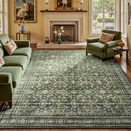 Green 8x10 Area Rug - Washable Non-Slip Vintage Floral Carpet for Living Room