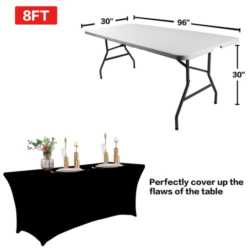 IVAPUPU 2 Pack 8FT Table Cloth for Rectangular Fitted Events Stretch Black Table Covers Washable Spandex Tablecloth Protector for Party, Wedding, Cocktail, Banquet, Festival
