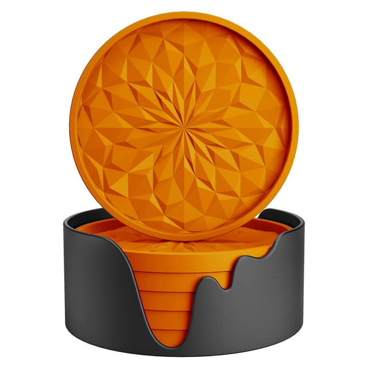 ME.FAN Silicone Coasters with Holder,[6 Pack] Drinking Coasters - Cup Mat for Hot or Cold Drinks, Thickened, Non-Slip, Non-stick,Deep Tray Orange