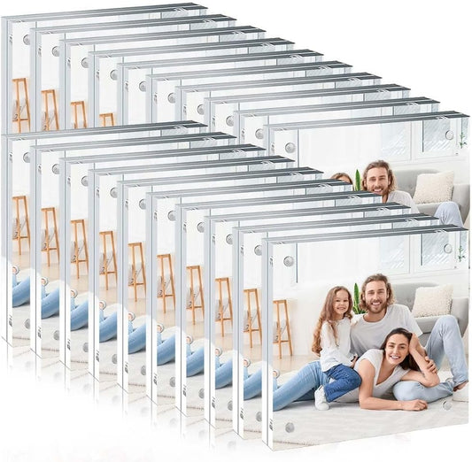20 Pack Magnetic Acrylic Photo Frames 4x4 Inch, 20mm Thick Double Sided Display Acrylic Picture Frames, Free Standing Desktop Stand for Home & Office Decor