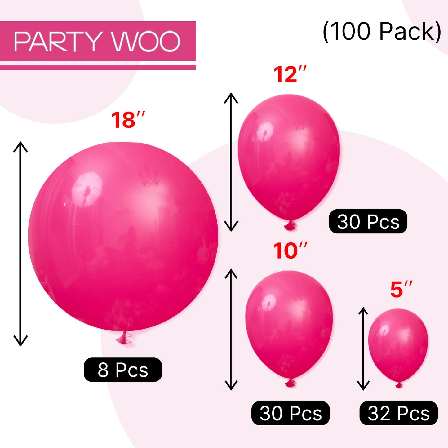 PartyWoo Hot Pink Balloons 100 pcs Different Sizes of 18 12 10 5 Inch Magenta Fuchsia Balloon Arch Kit Garland for Baby Shower Wedding Bridal Shower Anniversary Birthday Party Decorations Pink-Y12