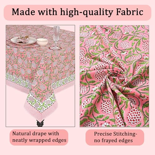 Ridhi Pink Strawberry Hand Block Print Rectangular Tablecloth 108x60 Inches