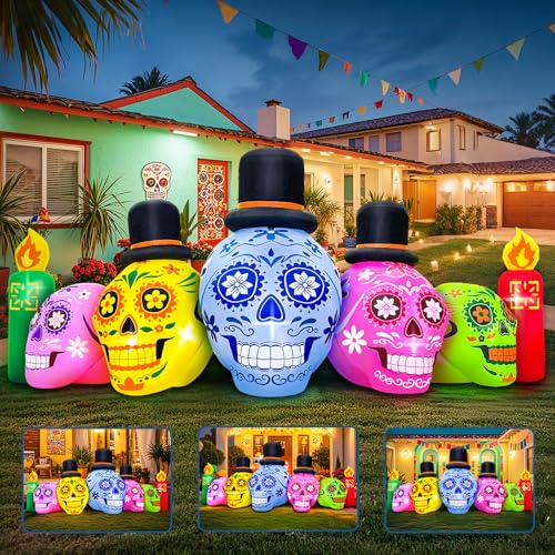 7FT Halloween Inflatable Skull Decoration with LEDs - Dia de Los Muertos Yard Decor