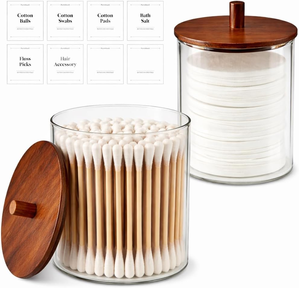 Skiennix Glass Qtip Holder Dispenser Set - 15oz & 10oz Cotton Swab Canisters with Acacia Lids | Bathroom Vanity Storage (2 Pack)