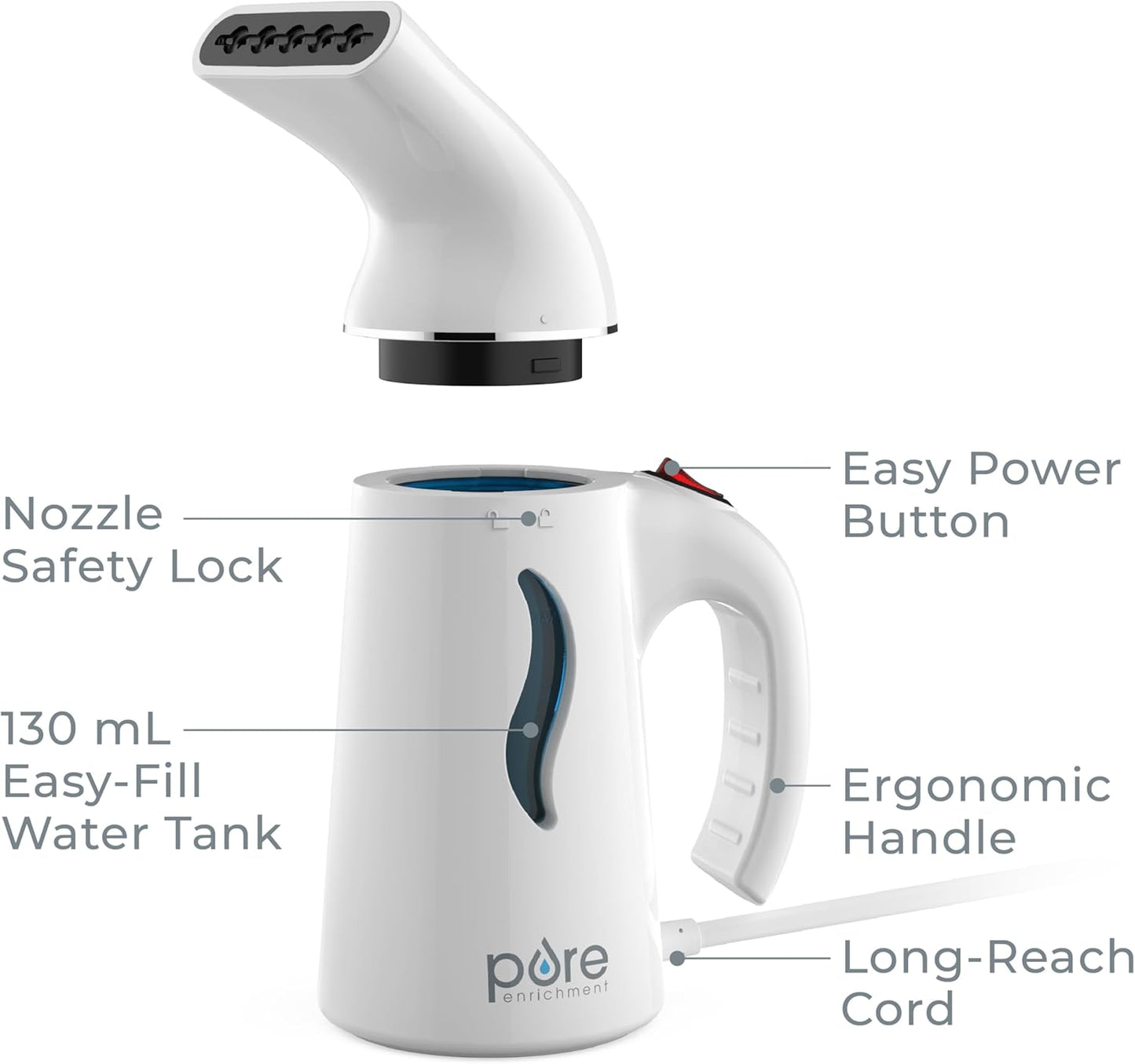 Pure Enrichment Portable Fabric Steamer - Fast-Heating Handheld Travel Garment Steamer | Safe on All Fabrics, Lightweight, Auto Shut-Off (White)