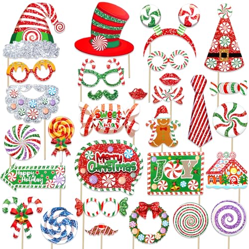 HOWAF 30pcs Glitter Photo Booth Props Set – Peppermint Candy & Lollipop Christmas Party