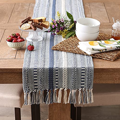 DII Braided Cotton Table Runner with Fringe - French Blue, 15x77 inch
