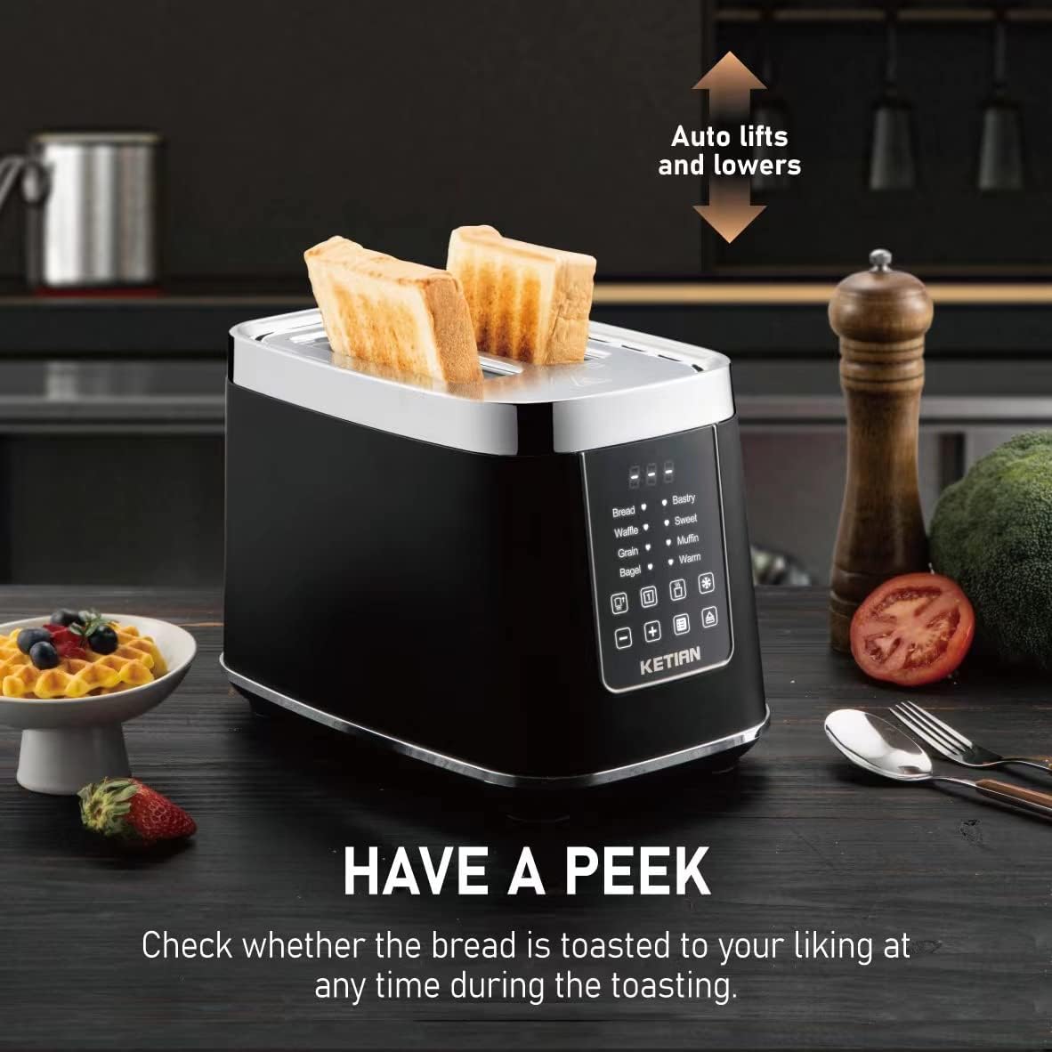 KETIAN Smart Touchscreen 2-Slice Electric Toaster - 7 Browning Settings & Preset Modes for Perfect Toast