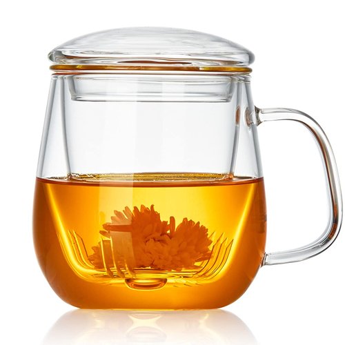 DOPUDO Glass Tea Cup with Infuser and Lid, 17.6oz/520ml Large Borosilicate Teacup,Tea Glass, Clear Mug for Loose Leaf Tea, Blooming Tea, Microwave & Dishwasher Safe - Tea Maker Gift for Birthday.