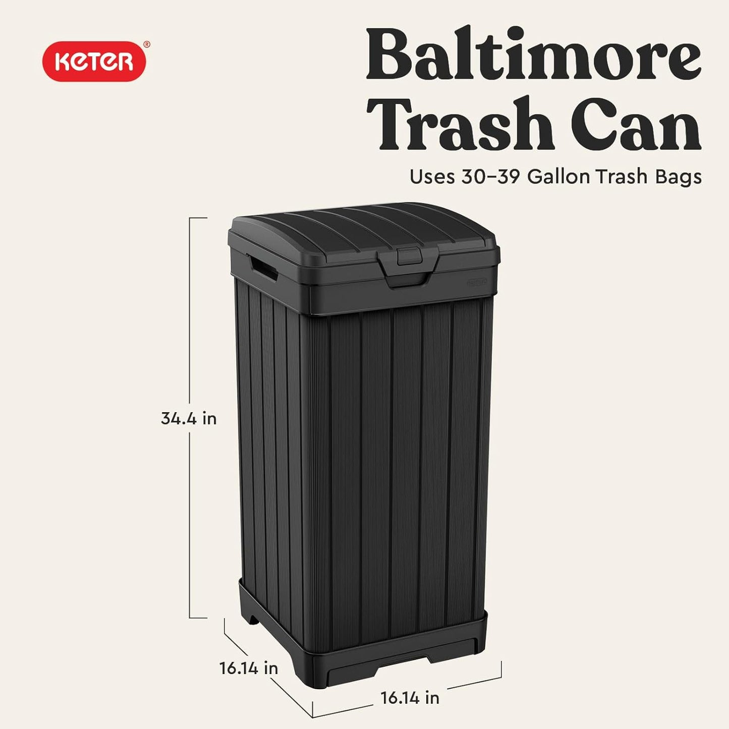 Keter Baltimore 38 Gallon Outdoor Kitchen Trash Can - Resin with Lid & Drip Tray for Easy Cleaning | Black