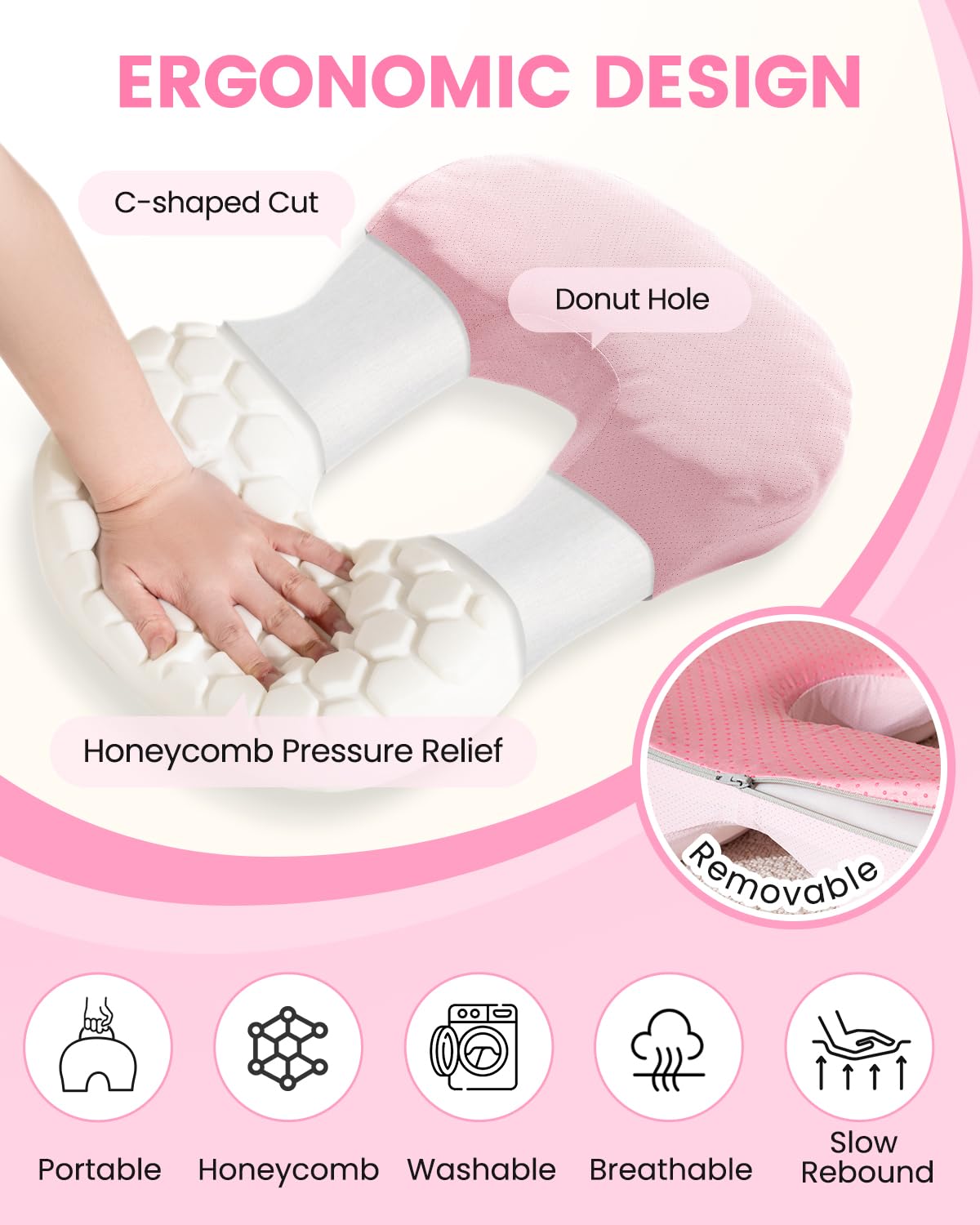Sino Salected Portable Donut Pillow, Doughnut Pillow for Tailbone Pain, Non-Slip Removable Cover, Hemorrhoid Cushion for Postpartum ＆ Sciatica, Memory Foam Seat Cushion, Pink