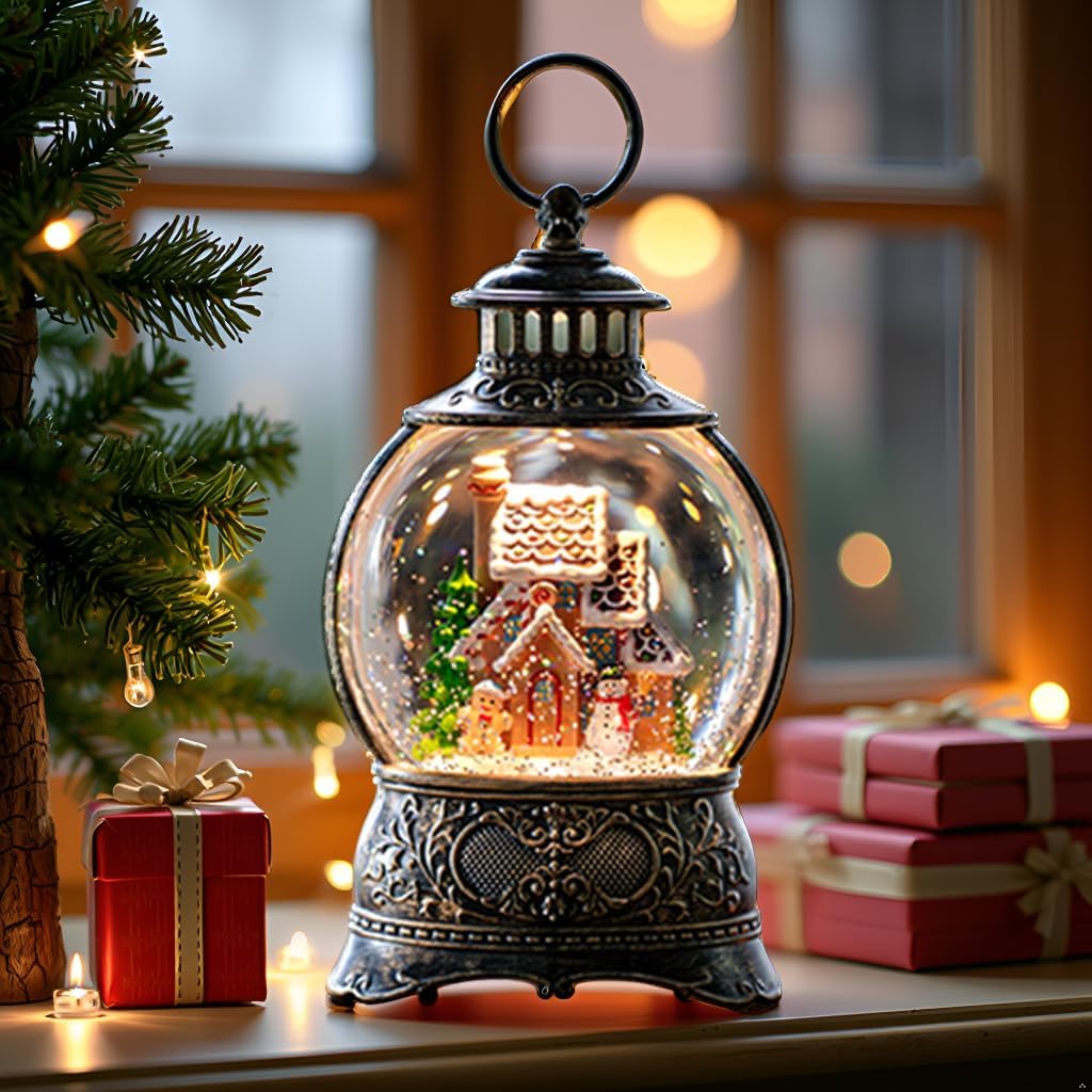 Skiennix Christmas Snow Globe - Gingerbread Man & Snowman Water Lantern with Music & 6H Timer
