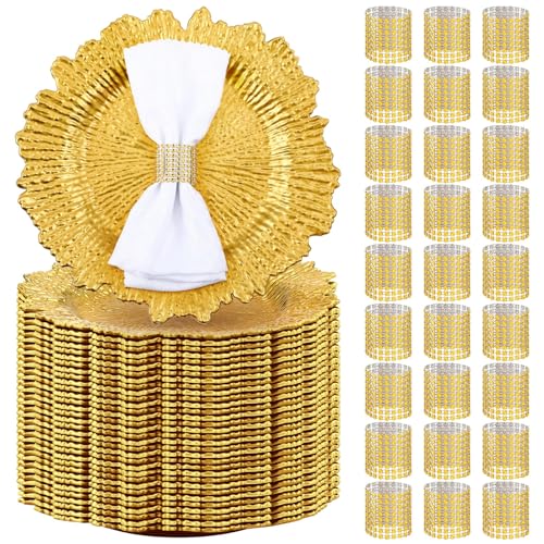 Widecook 100 Sets Gold Reef Charger Plates with Mesh Diamond Napkin Rings, 13" Round Chargers for Wedding Party (Gold / 100)