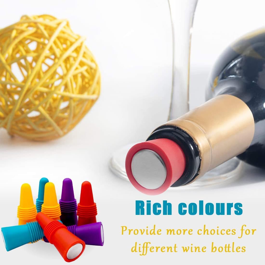 Wine Stoppers – 6 Pack Silicone Wine Bottle Stoppers with Grip Top, Reusable Beverage Sealer Corks for Keeping Wine and Champagne Fresh